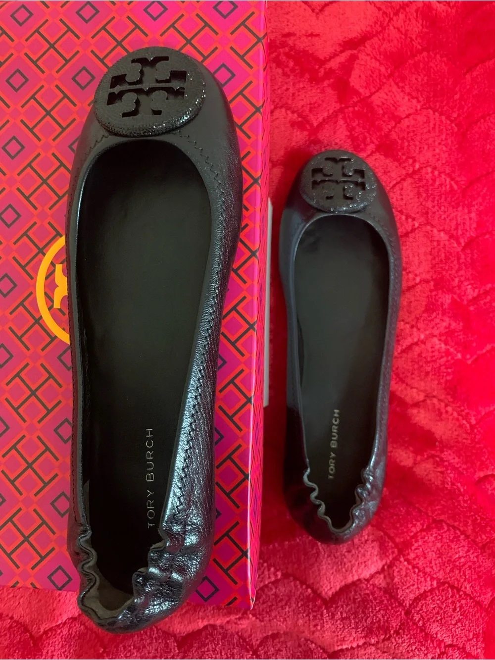 Tory Burch Black Leather Logo Ballet Flats